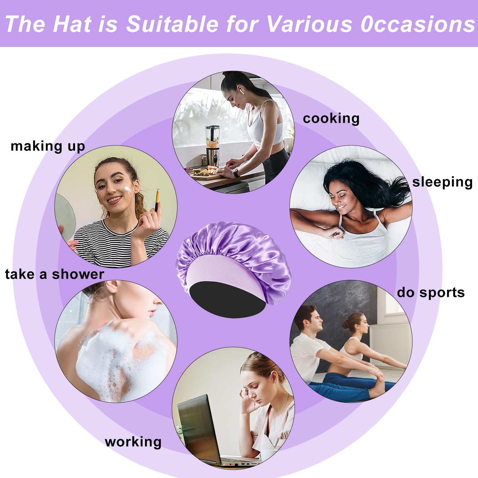 4PCS Silk Bonnet for Sleeping - Satin Bonnets for Black Women & Men, Elastic Wide Band Hair Wrap Cap for Curly Hair, Shower Cap (Black, Sapphire Blue, Pink, Purple)